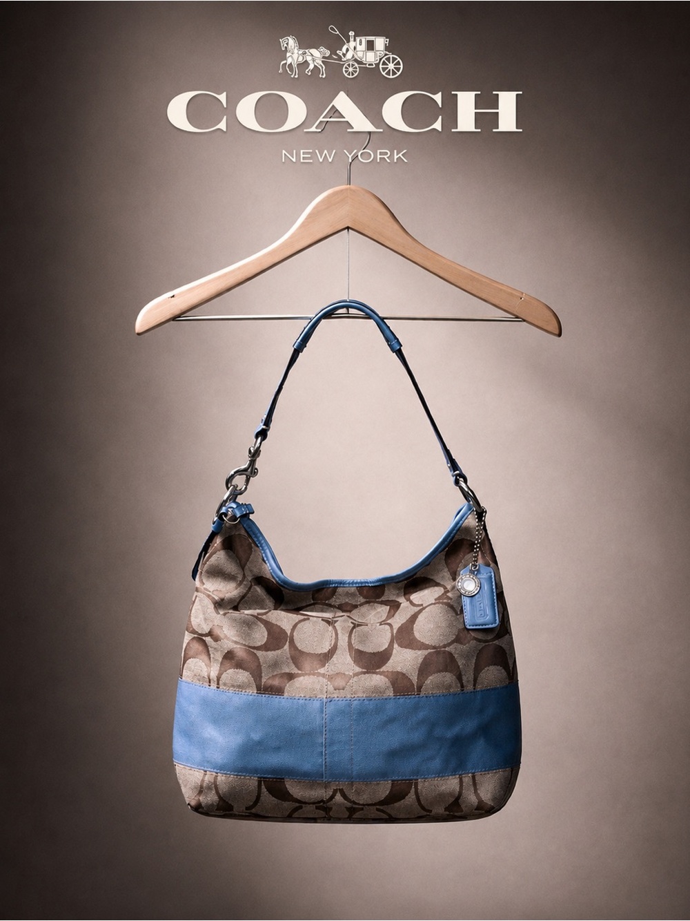 Coach Brown Hobo Monogram Shoulder Bag with Blue Stripe and Leather Trim